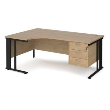 Maestro 25 left hand ergonomic desk 1800mm wide with 3 drawer pedestal - black cable managed leg frame Kendal Oak Top - MCM18ELP3KKO