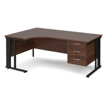Maestro 25 left hand ergonomic desk 1800mm wide with 3 drawer pedestal - black cable managed leg frame Walnut top - MCM18ELP3KW