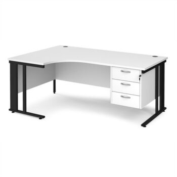 Maestro 25 left hand ergonomic desk 1800mm wide with 3 drawer pedestal - black cable managed leg frame White Top - MCM18ELP3KWH