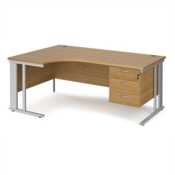 Maestro 25 left hand ergonomic desk 1800mm wide with 3 drawer pedestal - silver cable managed leg frame Oak Top - MCM18ELP3SO