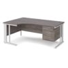 Maestro 25 left hand ergonomic desk 1800mm wide with 3 drawer pedestal - white cable managed leg frame Grey Oak Top - MCM18ELP3WHGO
