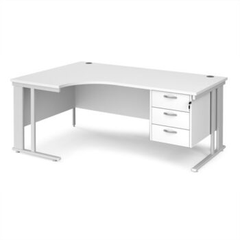 Maestro 25 left hand ergonomic desk 1800mm wide with 3 drawer pedestal - white cable managed leg frame White Top - MCM18ELP3WHWH