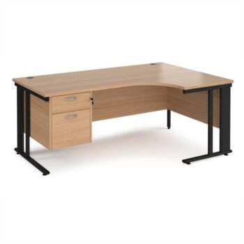 Maestro 25 right hand ergonomic desk 1800mm wide with 2 drawer pedestal - black cable managed leg frame Beech top - MCM18ERP2KB