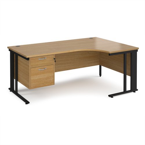 Maestro 25 right hand ergonomic desk 1800mm wide with 2 drawer pedestal - black cable managed leg frame Oak Top - MCM18ERP2KO