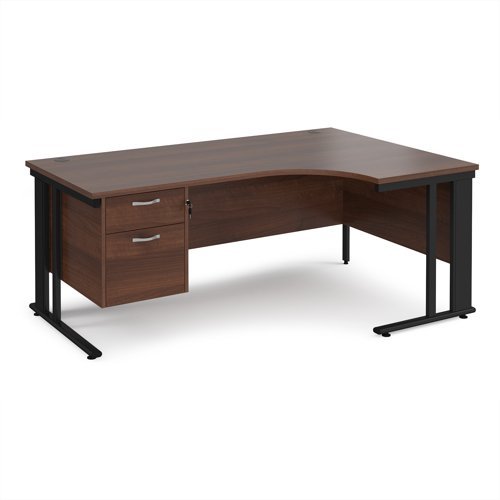 Maestro 25 right hand ergonomic desk 1800mm wide with 2 drawer pedestal - black cable managed leg frame Walnut top - MCM18ERP2KW