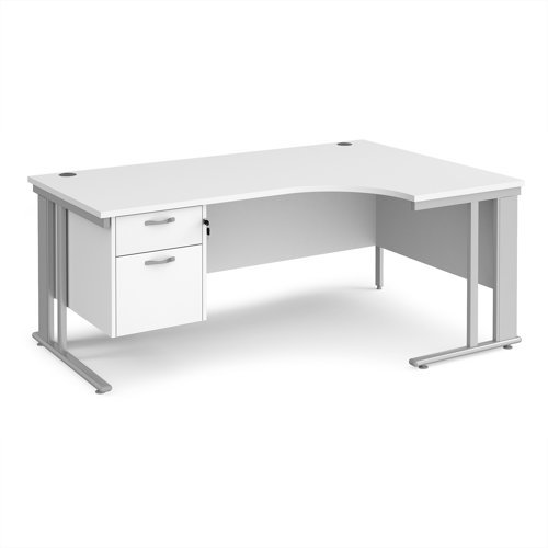 Maestro 25 right hand ergonomic desk 1800mm wide with 2 drawer pedestal - silver cable managed leg frame White Top - MCM18ERP2SWH