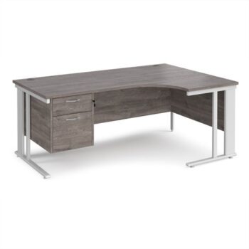 Maestro 25 right hand ergonomic desk 1800mm wide with 2 drawer pedestal - white cable managed leg frame Grey Oak Top - MCM18ERP2WHGO