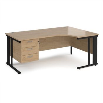 Maestro 25 right hand ergonomic desk 1800mm wide with 3 drawer pedestal - black cable managed leg frame Kendal Oak Top - MCM18ERP3KKO