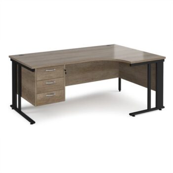 Maestro 25 right hand ergonomic desk 1800mm wide with 3 drawer pedestal - black cable managed leg frame Nebraska Oak Top - MCM18ERP3KNO