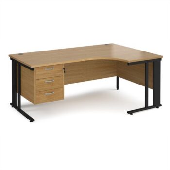 Maestro 25 right hand ergonomic desk 1800mm wide with 3 drawer pedestal - black cable managed leg frame Oak Top - MCM18ERP3KO
