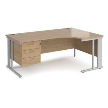 Maestro 25 right hand ergonomic desk 1800mm wide with 3 drawer pedestal - silver cable managed leg frame Kendal Oak Top - MCM18ERP3SKO