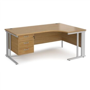 Maestro 25 right hand ergonomic desk 1800mm wide with 3 drawer pedestal - silver cable managed leg frame Oak Top - MCM18ERP3SO