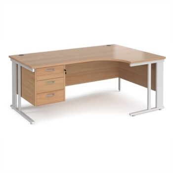 Maestro 25 right hand ergonomic desk 1800mm wide with 3 drawer pedestal - white cable managed leg frame Beech top - MCM18ERP3WHB