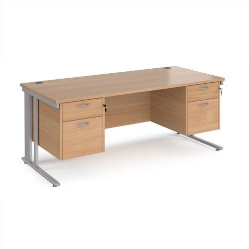 Maestro 25 straight desk 1800mm x 800mm with two x 2 drawer pedestals - silver cable managed leg frame Beech top - MCM18P22SB