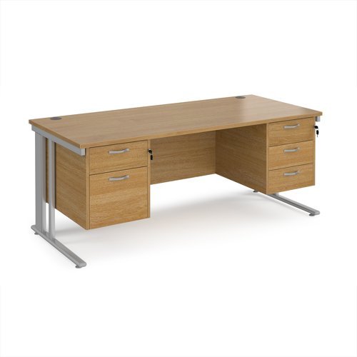 Maestro 25 straight desk 1800mm x 800mm with 2 and 3 drawer pedestals - silver cable managed leg frame Oak Top - MCM18P23SO