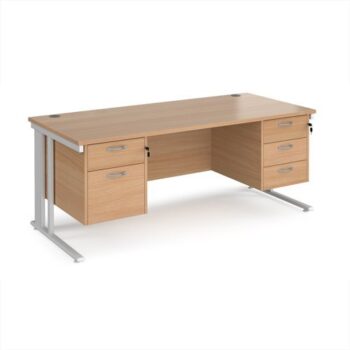 Maestro 25 straight desk 1800mm x 800mm with 2 and 3 drawer pedestals - white cable managed leg frame Beech top - MCM18P23WHB