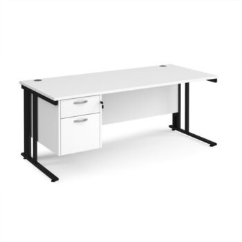 Maestro 25 straight desk 1800mm x 800mm with 2 drawer pedestal - black cable managed leg frame White Top - MCM18P2KWH
