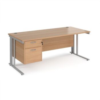 Maestro 25 straight desk 1800mm x 800mm with 2 drawer pedestal - silver cable managed leg frame Beech top - MCM18P2SB