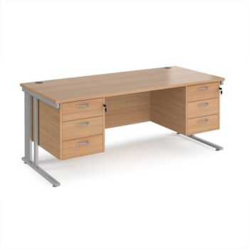 Maestro 25 straight desk 1800mm x 800mm with two x 3 drawer pedestals - silver cable managed leg frame Beech top - MCM18P33SB