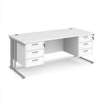 Maestro 25 straight desk 1800mm x 800mm with two x 3 drawer pedestals - silver cable managed leg frame White Top - MCM18P33SWH