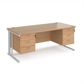 Maestro 25 straight desk 1800mm x 800mm with two x 3 drawer pedestals - white cable managed leg frame Beech top - MCM18P33WHB
