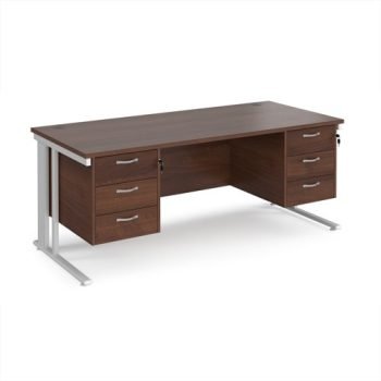 Maestro 25 straight desk 1800mm x 800mm with two x 3 drawer pedestals - white cable managed leg frame Walnut top - MCM18P33WHW