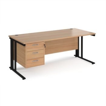 Maestro 25 straight desk 1800mm x 800mm with 3 drawer pedestal - black cable managed leg frame Beech top - MCM18P3KB
