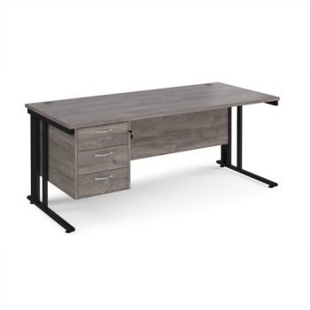Maestro 25 straight desk 1800mm x 800mm with 3 drawer pedestal - black cable managed leg frame Grey Oak Top - MCM18P3KGO