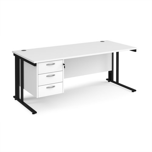 Maestro 25 straight desk 1800mm x 800mm with 3 drawer pedestal - black cable managed leg frame White Top - MCM18P3KWH