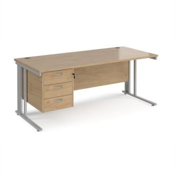 Maestro 25 straight desk 1800mm x 800mm with 3 drawer pedestal - silver cable managed leg frame Kendal Oak Top - MCM18P3SKO