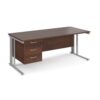 Maestro 25 straight desk 1800mm x 800mm with 3 drawer pedestal - silver cable managed leg frame Walnut top - MCM18P3SW