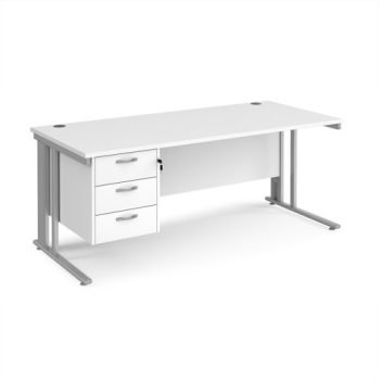 Maestro 25 straight desk 1800mm x 800mm with 3 drawer pedestal - silver cable managed leg frame White Top - MCM18P3SWH