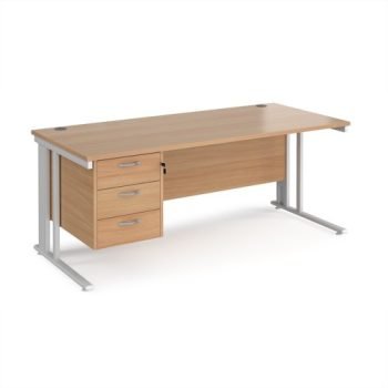 Maestro 25 straight desk 1800mm x 800mm with 3 drawer pedestal - white cable managed leg frame Beech top - MCM18P3WHB