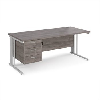 Maestro 25 straight desk 1800mm x 800mm with 3 drawer pedestal - white cable managed leg frame Grey Oak Top - MCM18P3WHGO