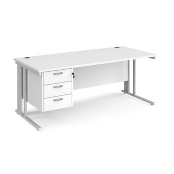 Maestro 25 straight desk 1800mm x 800mm with 3 drawer pedestal - white cable managed leg frame White Top - MCM18P3WHWH