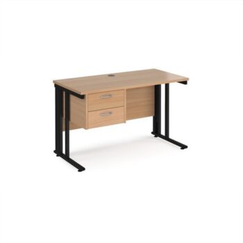 Maestro 25 straight desk 1200mm x 600mm with 2 drawer pedestal - black cable managed leg frame Beech top - MCM612P2KB