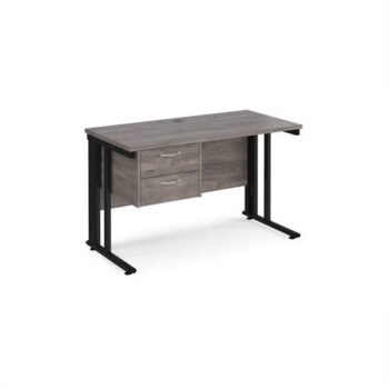 Maestro 25 straight desk 1200mm x 600mm with 2 drawer pedestal - black cable managed leg frame leg Grey Oak Top - MCM612P2KGO
