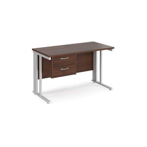 Maestro 25 straight desk 1200mm x 600mm with 2 drawer pedestal - white cable managed leg frame Walnut top - MCM612P2WHW