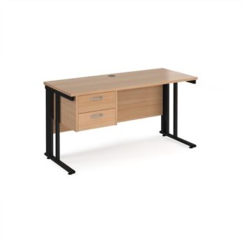 Maestro 25 straight desk 1400mm x 600mm with 2 drawer pedestal - black cable managed leg frame Beech top - MCM614P2KB