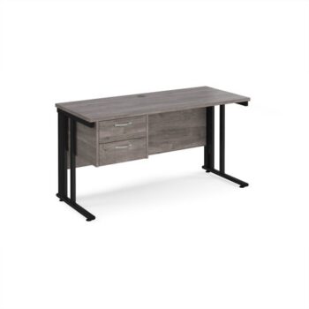 Maestro 25 straight desk 1400mm x 600mm with 2 drawer pedestal - black cable managed leg frame leg Grey Oak Top - MCM614P2KGO