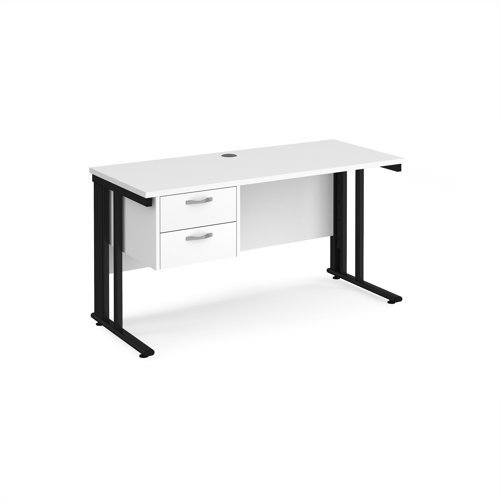 Maestro 25 straight desk 1400mm x 600mm with 2 drawer pedestal - black cable managed leg frame White Top - MCM614P2KWH