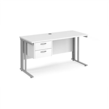 Maestro 25 straight desk 1400mm x 600mm with 2 drawer pedestal - silver cable managed leg frame White Top - MCM614P2SWH