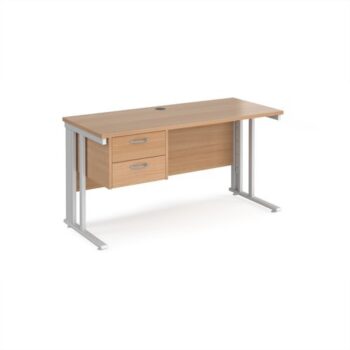 Maestro 25 straight desk 1400mm x 600mm with 2 drawer pedestal - white cable managed leg frame Beech top - MCM614P2WHB