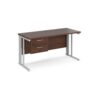 Maestro 25 straight desk 1400mm x 600mm with 2 drawer pedestal - white cable managed leg frame Walnut top - MCM614P2WHW