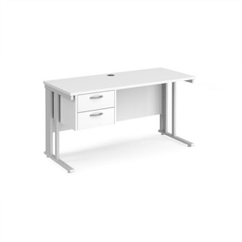 Maestro 25 straight desk 1400mm x 600mm with 2 drawer pedestal - white cable managed leg frame White Top - MCM614P2WHWH
