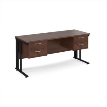 Maestro 25 straight desk 1600mm x 600mm with two x 2 drawer pedestals - black cable managed leg frame Walnut top - MCM616P22KW