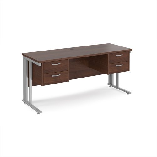 Maestro 25 straight desk 1600mm x 600mm with two x 2 drawer pedestals - silver cable managed leg frame Walnut top - MCM616P22SW