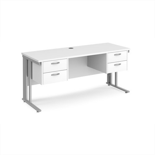 Maestro 25 straight desk 1600mm x 600mm with two x 2 drawer pedestals - silver cable managed leg frame White Top - MCM616P22SWH