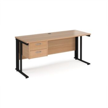 Maestro 25 straight desk 1600mm x 600mm with 2 drawer pedestal - black cable managed leg frame Beech top - MCM616P2KB