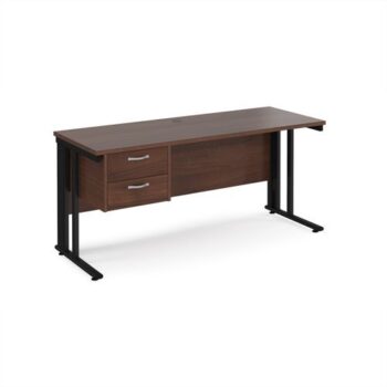 Maestro 25 straight desk 1600mm x 600mm with 2 drawer pedestal - black cable managed leg frame Walnut top - MCM616P2KW